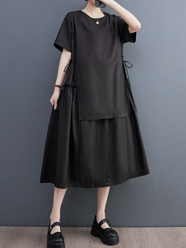 Loose Short Sleeves Solid Color Split-Joint Round-Neck Midi Dresses