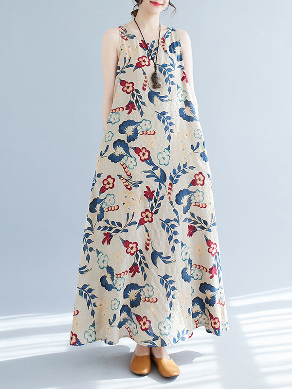 Loose Sleeveless Floral Printed Round-Neck Maxi Dresses