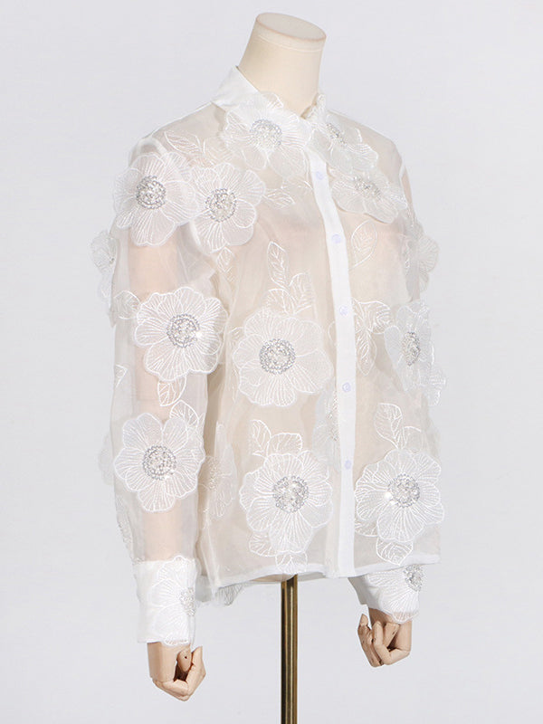 Long Sleeves Loose Buttoned Embroidered See-Through Three-Dimensional Flower Lapel Blouses&Shirts Tops