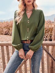 Long Sleeves Loose Buttoned Elasticity V-neck Blouses&shirts Tops