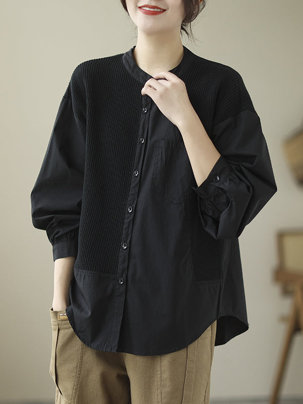 Long Sleeves Loose Asymmetric Buttoned Pockets Split-Joint Round-Neck Blouses&Shirts Tops