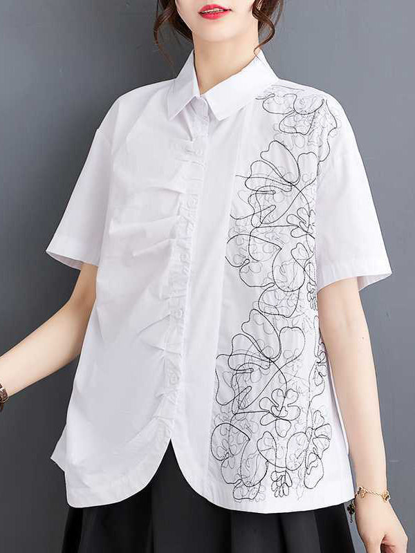 Irregularity Loose Buttoned Embroidered Pleated Lapel Collar Blouses&Shirts Tops