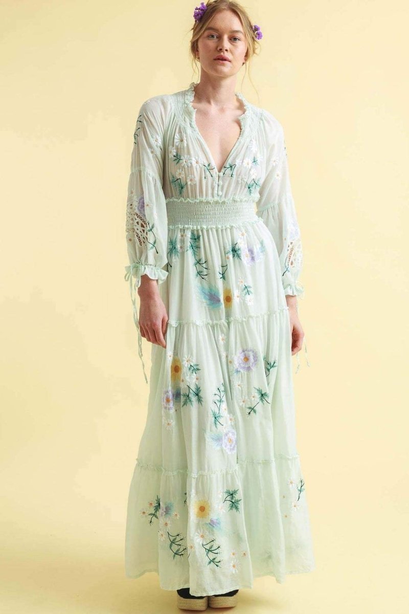 Cecilia Embroidered V-neck Shirred Maxi Dress