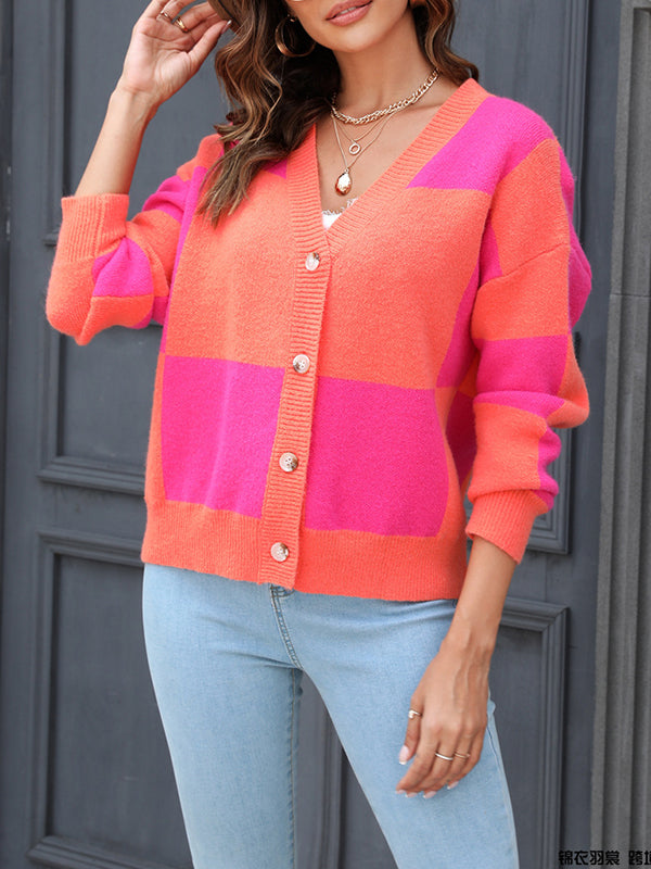 Long Sleeves Loose Color-Block Contrast Color Split-Joint V-Neck Cardigan Tops