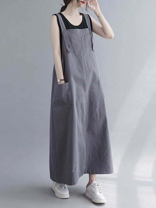 Casual Solid Color With Pocket Suspender Dress