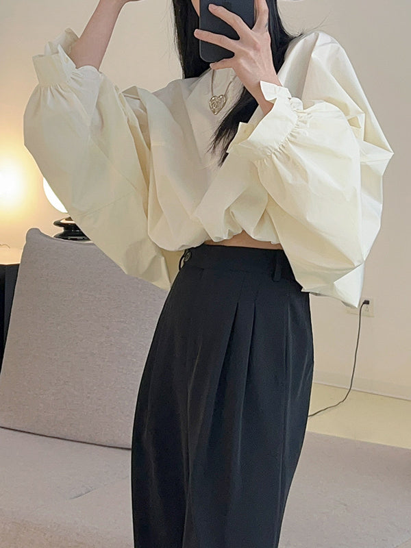 Batwing Sleeves Loose Elasticity Solid Color Round-Neck Blouses&Shirts Tops