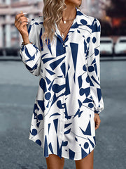 Loose Puff Sleeves Printed Split-Joint Lapel Mini Dresses Shirt Dress