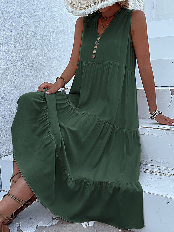 Loose Sleeveless Pleated Split-Joint V-Neck Midi Dresses