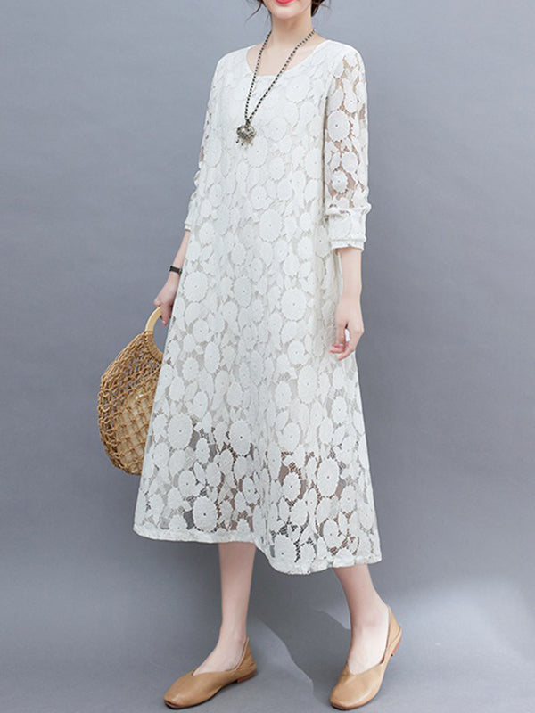 A-Line Long Sleeves Hollow Round-Neck Midi Dresses