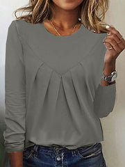 Long Sleeves Loose Pleated Solid Color Split-Joint Round-Neck T-Shirts Tops