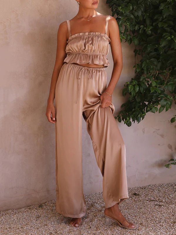 Elasticity Pleated Solid Color Spaghetti-Neck Tops + High Waisted Drawstring Pants Trousers Two Pieces Set