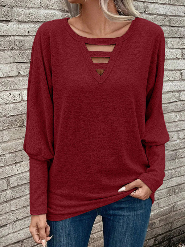 Long Sleeves Loose Hollow Solid Color Split-Joint V-Neck T-Shirts Tops