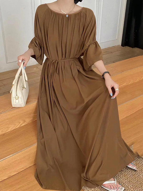 Half Sleeves Loose Solid Color Round-Neck Midi Dresses