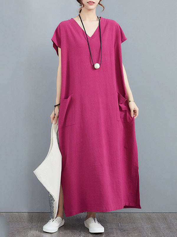 Simple Ramie Cotton Solid Color Split-Side With Pocket V-Neck Short Sleeves Maxi Dress