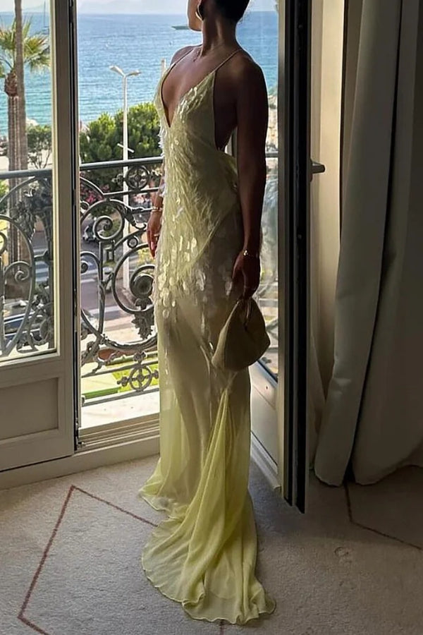 Deep V Neck Sequins Fishtail Hem Backless Gowns Slip Maxi Dresses-Yellow