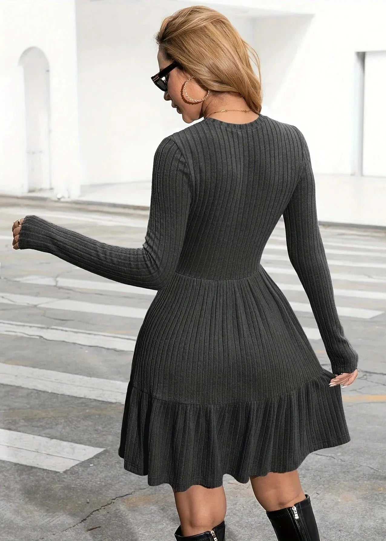 Knitted Round Neck Striped Sweater Dress