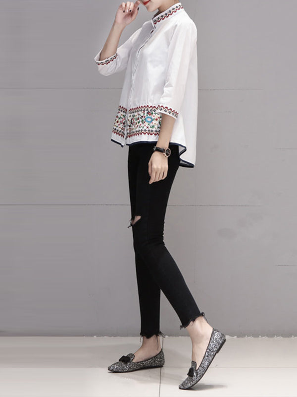 Loose Three-Quarter Sleeves Buttoned Embroidered Stand Collar Blouses&Shirts Tops