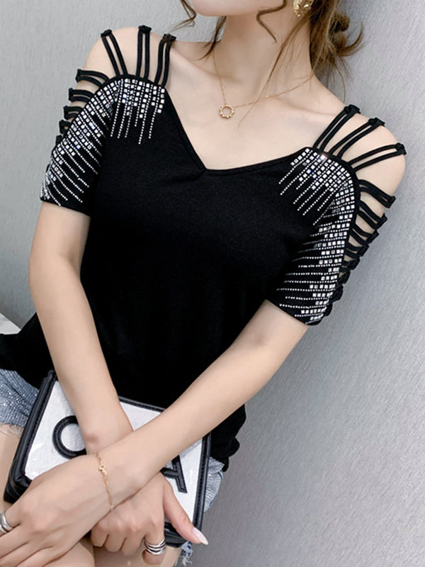 Loose Raglan Sleeve Hollow Rhine Stones Solid Color Split-Joint V-Neck T-Shirts Tops