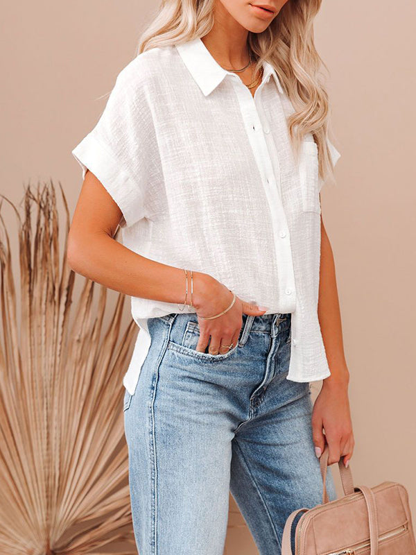 Loose Short Sleeves Pleated Lapel Blouses&Shirts Tops