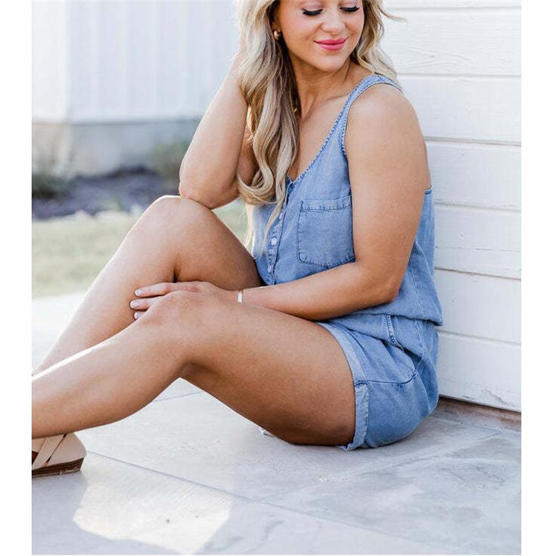 V-Neck Sleeveless Denim Jumpsuit Shorts