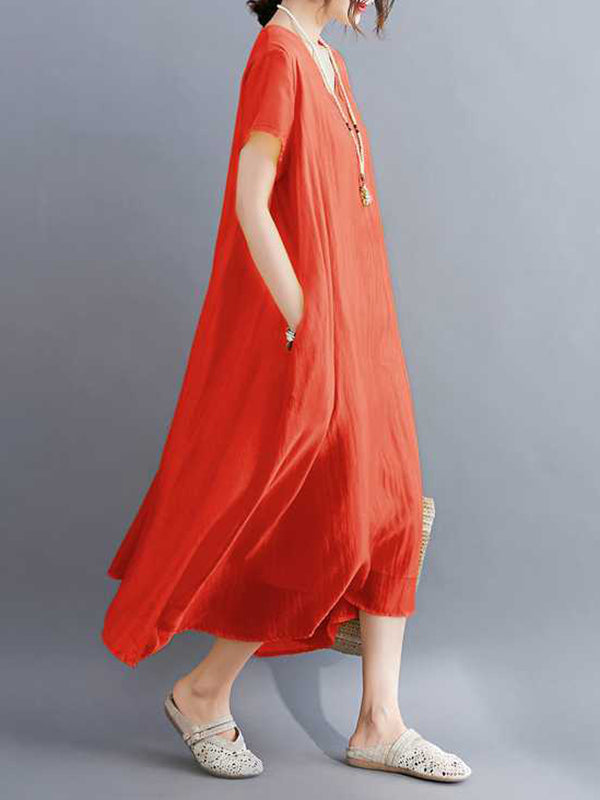 A-Line Loose Solid Color V-Neck Midi Dresses