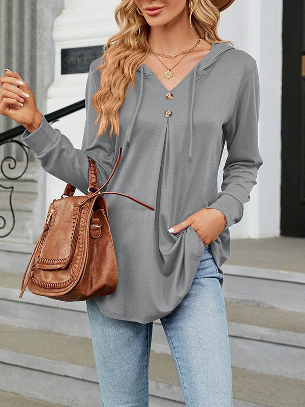 Long Sleeves Loose Buttoned Drawstring Hooded Solid Color V-Neck T-Shirts Tops