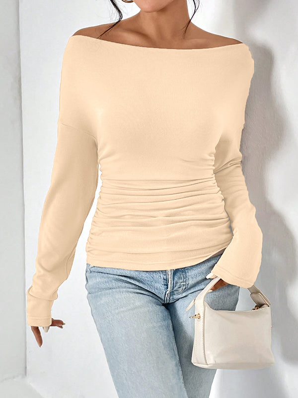 Long Sleeves Skinny Solid Color One-Shoulder T-Shirts Tops