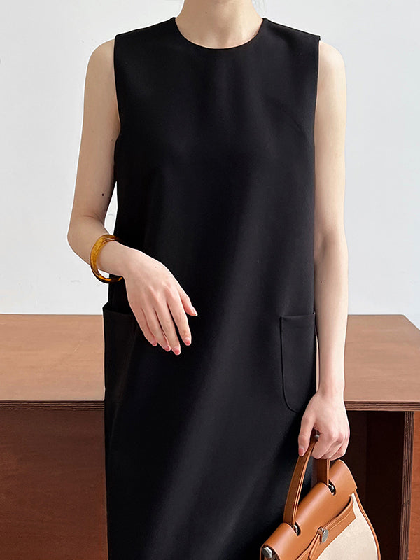 Loose Sleeveless Solid Color Round-Neck Midi Dresses