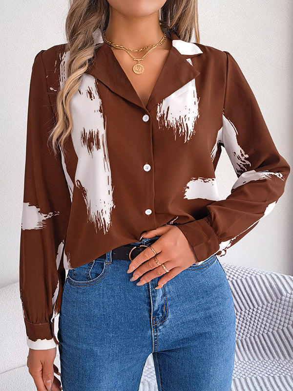 Long Sleeves Loose Buttoned Printed Notched Collar Blouses&Shirts Tops