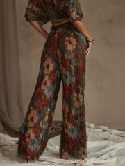 Unique Vintage Floral Print Pleated Side Pocket Wide-Leg Pants