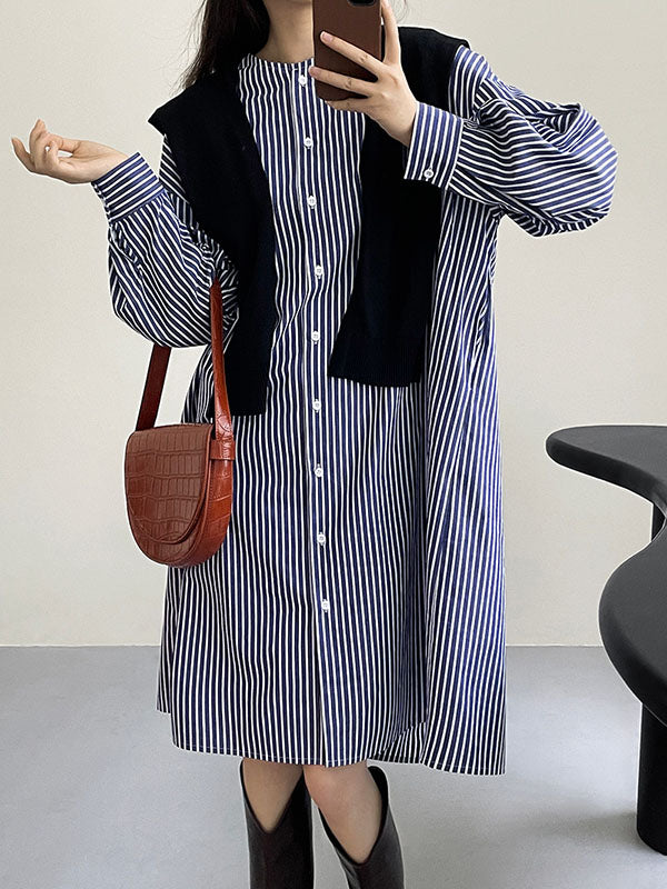 Long Sleeves Loose Striped Round-Neck Midi Dresses Shirt Dress