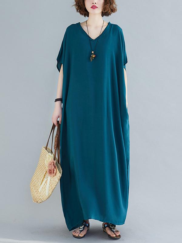 9 Colors Loose Solid Color V-Neck Maxi Dress