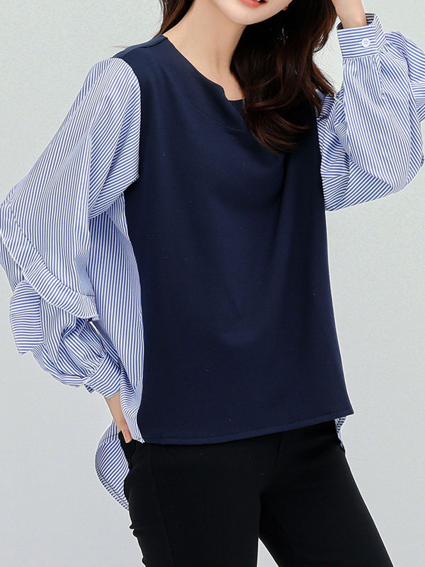 Urban High-Low Long Sleeves Striped Falbala Split-Joint Round-Neck T-Shirts Tops