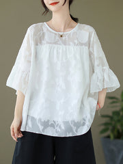 Loose Short Sleeves Falbala Pleated See-Through Split-Joint Round-Neck T-Shirts