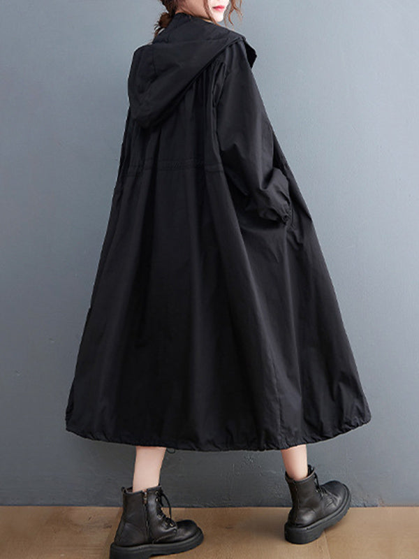 Casual Loose Solid Color Zipper Drawstring Long Sleeves Hooded Trench Coat