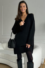 Casual Deep V Long Sleeve Shift Winter Oversized Sweater Mini Dress - Black