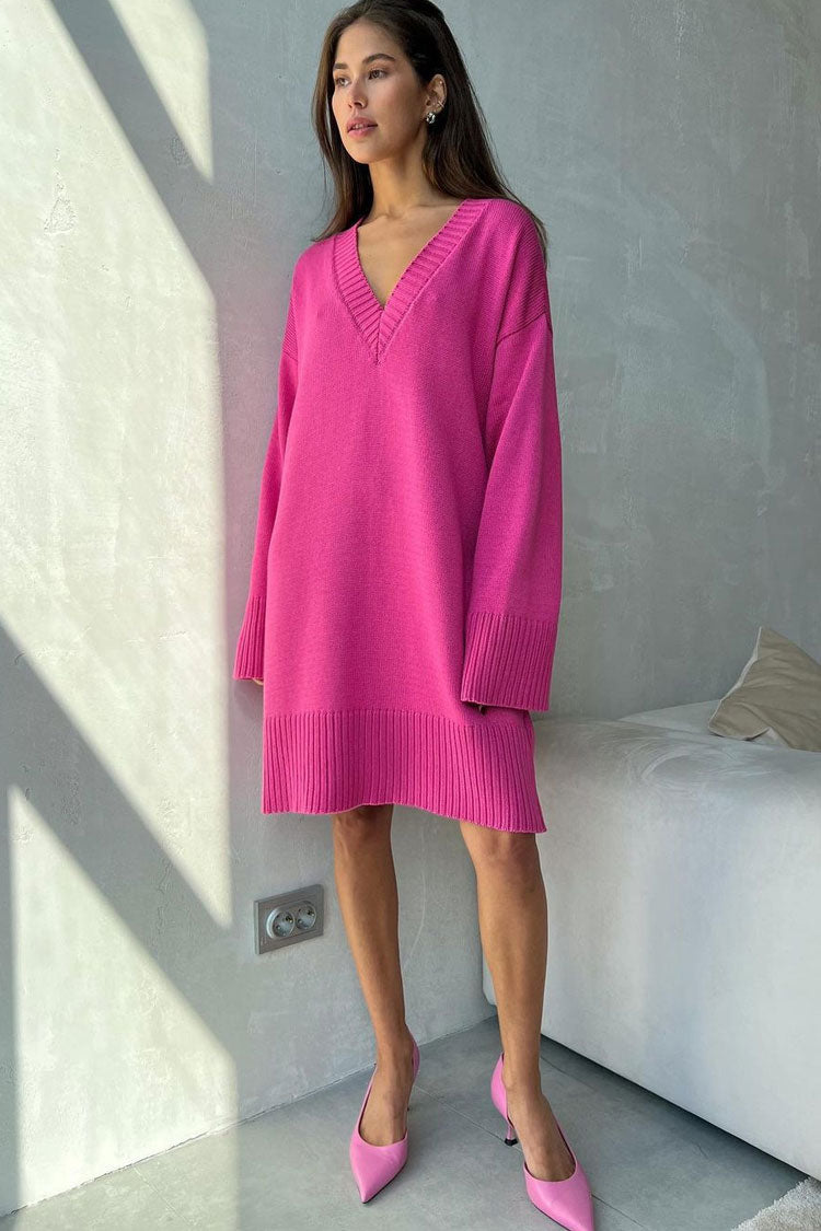 Casual Deep V Long Sleeve Shift Winter Oversized Sweater Mini Dress - Hot Pink