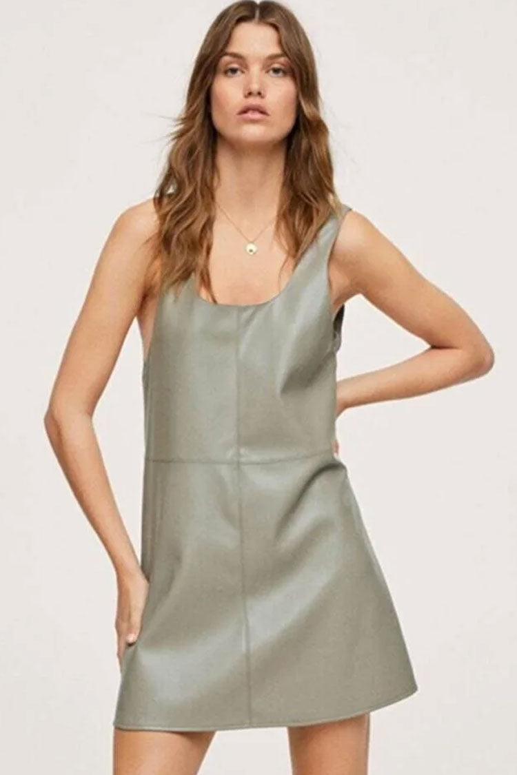 Casual Scoop Neck A Line Vegan Leather Mini Dress - Mint Green