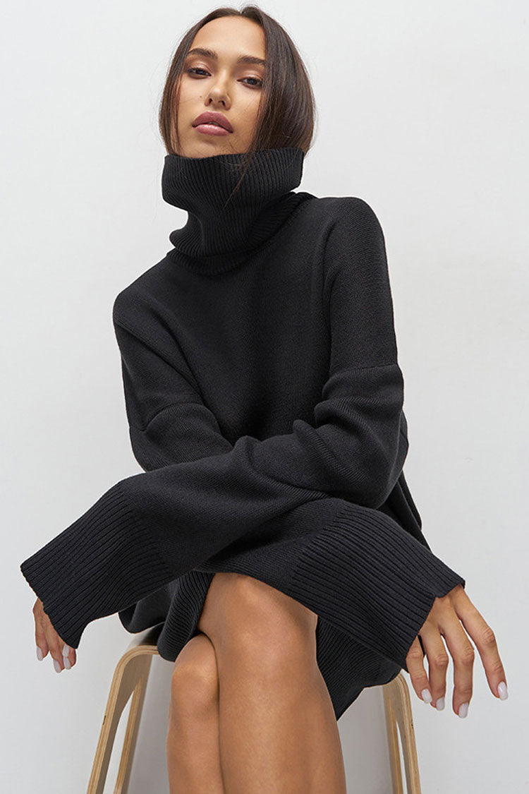 Casual Turtleneck Long Sleeve Shift Winter Oversized Sweater Mini Dress - Black