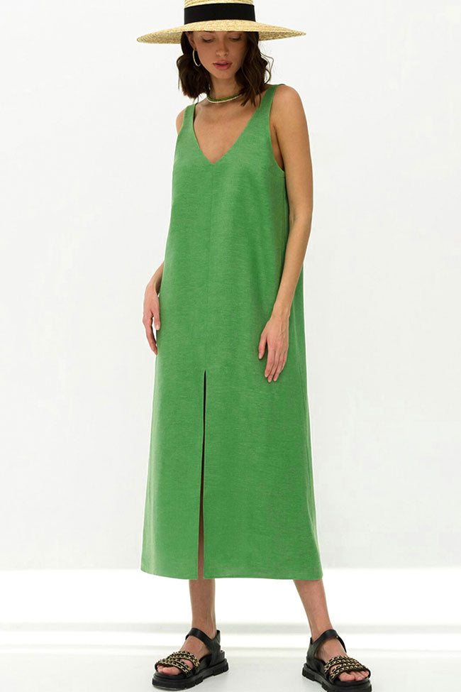 Casual V Neck Front Split Sleeveless Linen Blend Midi Sundress - Green