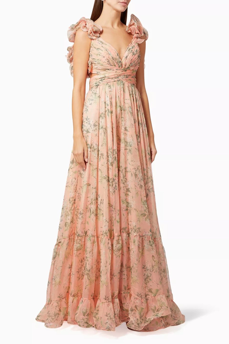 Ginny Printed Ruffle Lace Up Chiffon Maxi Dress