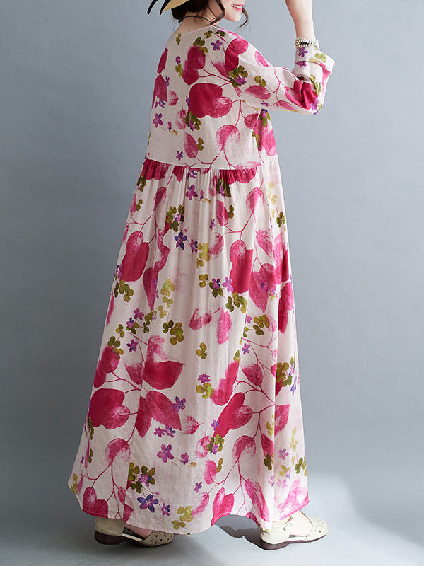 Long Sleeves Loose Flower Print Split-Joint Round-Neck Midi Dresses