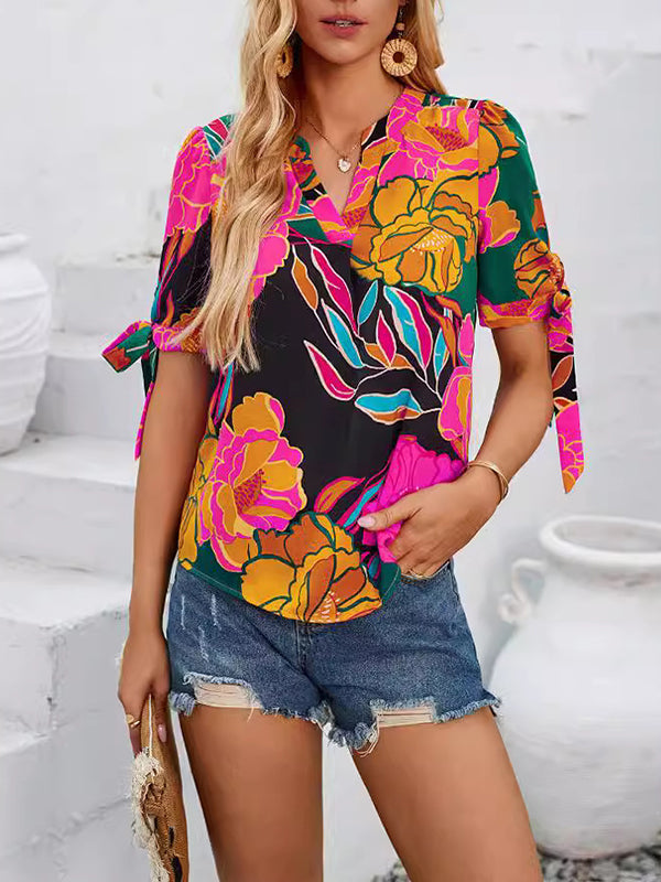 Loose Short Sleeves Flower Print Tied V-Neck Blouses&Shirts Tops