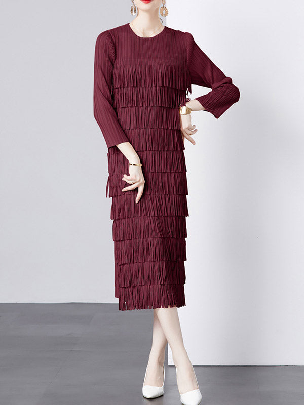 Long Sleeves Loose Pleated Solid Color Split-Joint Tasseled Round-Neck Midi Dresses