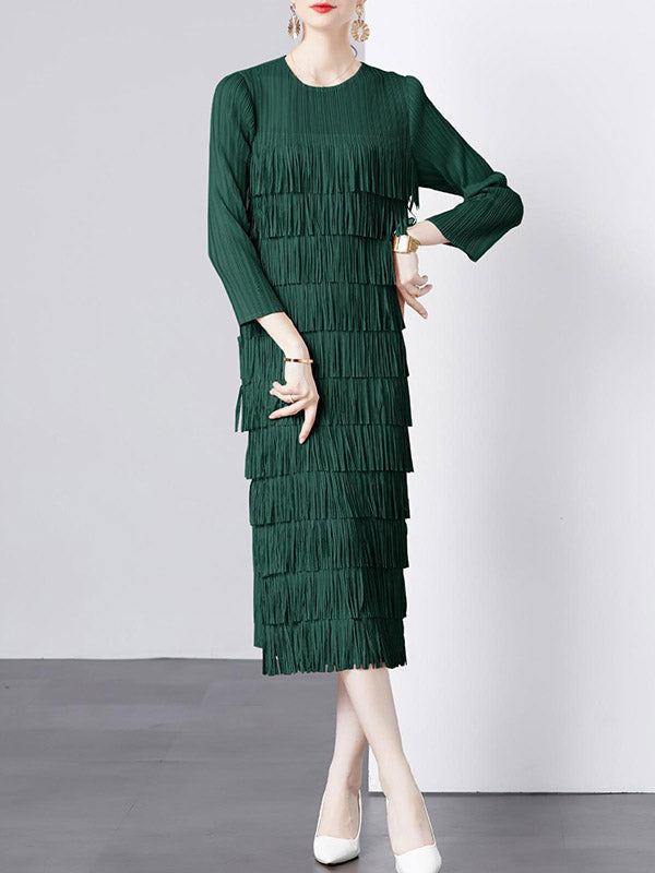 Long Sleeves Loose Pleated Solid Color Split-Joint Tasseled Round-Neck Midi Dresses