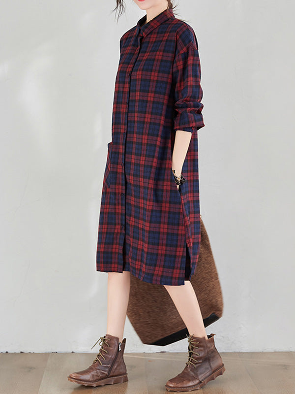 Original Plaid Lapel Shirt Dress