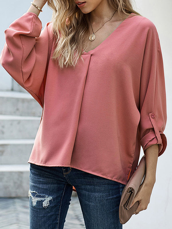 High-Low Loose Buttoned Solid Color V-Neck T-Shirts Tops