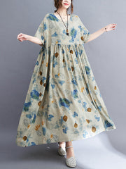 Artistic Retro Loose Floral Printed Pleated Vacation Midi Dress