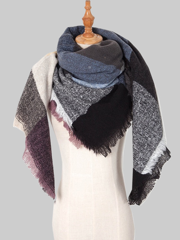 Triangle Contrast Color Diamond-Patterned Fringed Keep Warm Shawl&Scarf