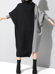 Casual Loose Split-Joint Contrast Color High-Neck Long Sleeves Dress